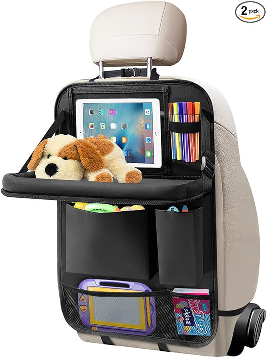 Car Backseat Organizer with Tablet Holder, 6 Storage Pockets Seat Back Protector with Foldable Tray, Kick Mats Back Seat Cover for Kids Toddlers, Travel Accessories, 1 Pc