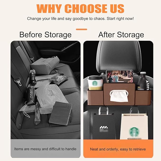 UKM 3-in-1 Back Seat Car Organizer, Car Backseat Storage Box with Cup Holder, Tissue Box&Hooks, Multifunctional Waterproof Storage for Hold Phones Drinks Handbags (Black)