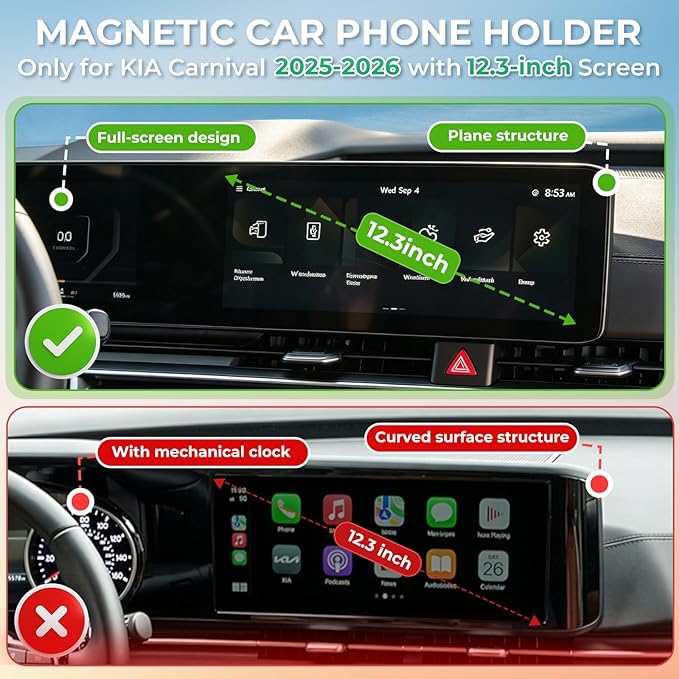Car Phone Holder for KIA Carnival 2026 2025 (Only for 12.3-Inch Screen) 360° Rotation Magnetic Cell Phone Mount, Compatible with Magsafe, Does Not Affect Air Vent