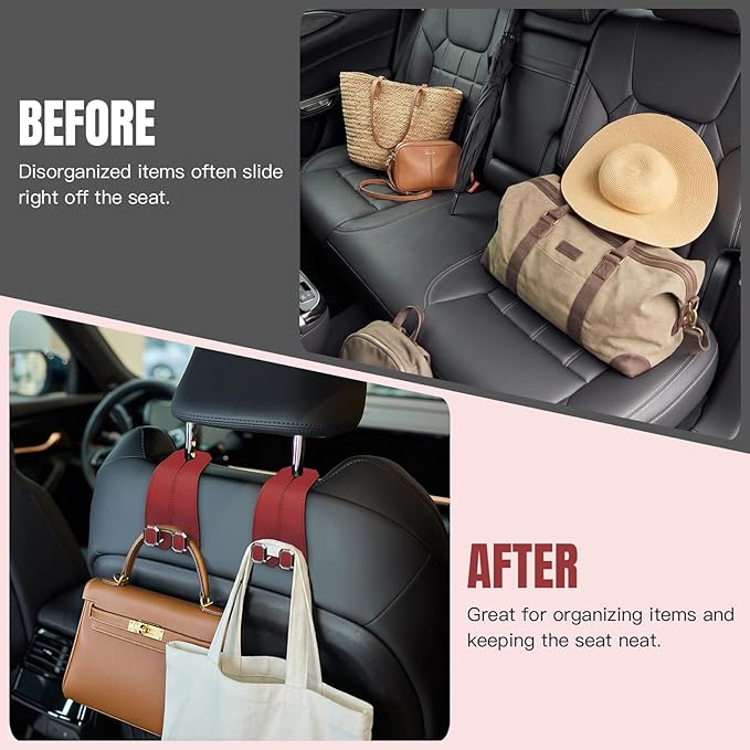2PCS Car Hooks for Headrest, Faux Leather Purse Hook for Car Seat Back Organizers and Storage, Double Metal Purse Holder Bag Hanger, Universal Car Interior Accessories for Women Man