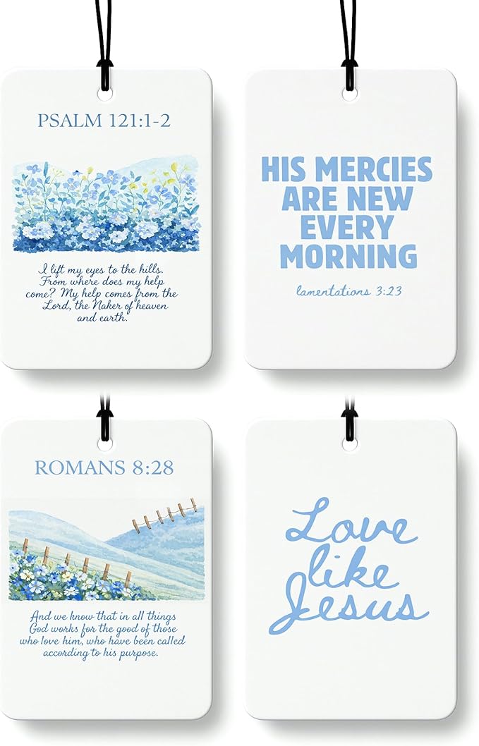 Cute Blue Christian Car Air Freshener 4 Pcs, Preppy Floral Religious Bible Verse Hanging Air Freshener for Cars Bathroom Dorm Books Decor, Pink Girly Accessories Gifts for Women Girls