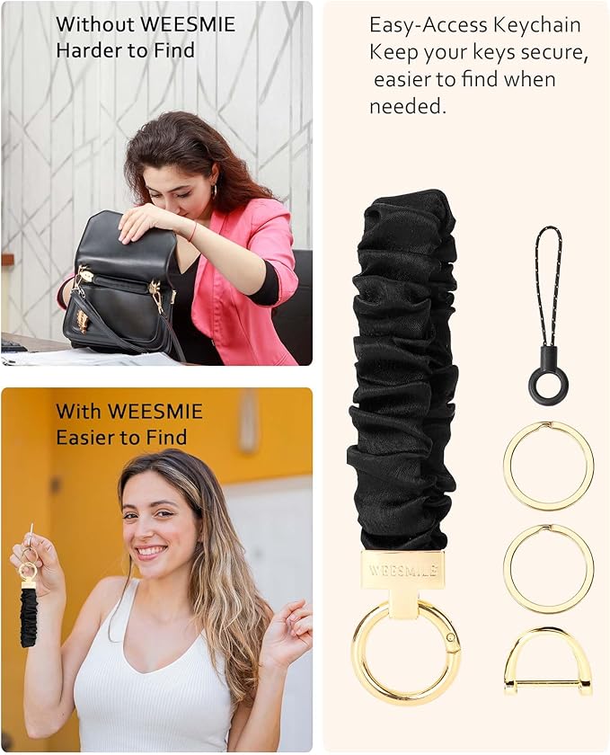 WEESMILE Keychain Wristlet, Stretchy Key Chain for Car Keys with D ring, Cute Scrunchie Wrist Bracelet for Women Men