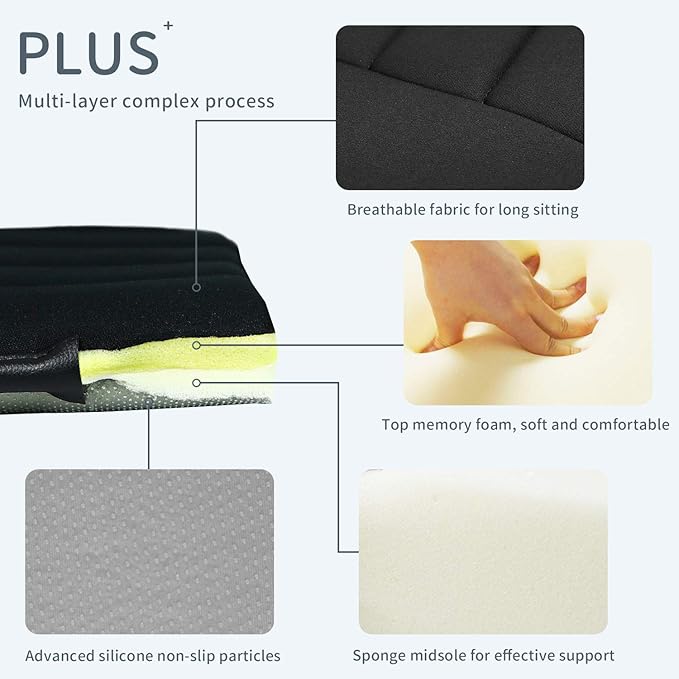 Car Seat Cushion Pad for Driving, Chair Cushion for Office/Truck with Memory Foam, Seat Cushion Comfortable and Durable Black 2" Thick