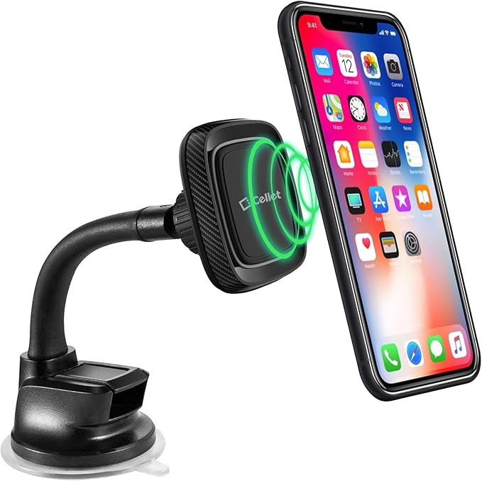Cellet Car Phone Mount Holder Universal Phone Car Dashboard & Windshield Magnetic Phone Mount Holder with Goose-Neck Compatible with Smartphones iPhones Samsung Galaxy LG Motorola Moto Google Pixel