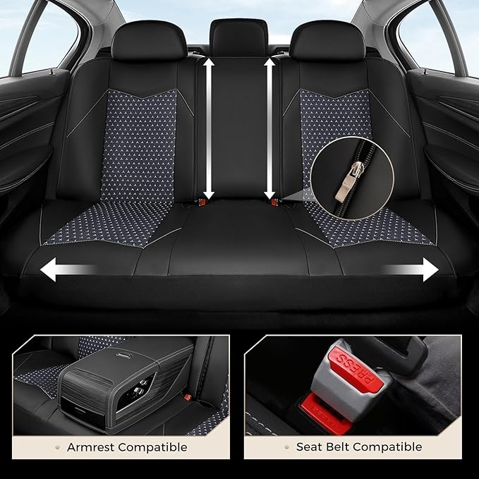 Coverado Car Seat Covers 5 Seats, PU Leather Seat Covers Fullset, Printed Breathable Mesh Design, Front and Rear Car Seat Protectors, Luxury Automotive Seat Covers Universal Fit for Most Cars, Black