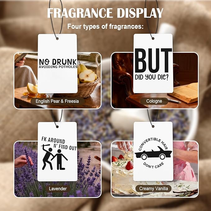 Funny Car Air Freshener 4 Pcs, Humorous Driving Quote Hanging Air Freshener for Cars Closet Drawer Books, Funny Sarcastic Gifts Car Accessories for Women Men