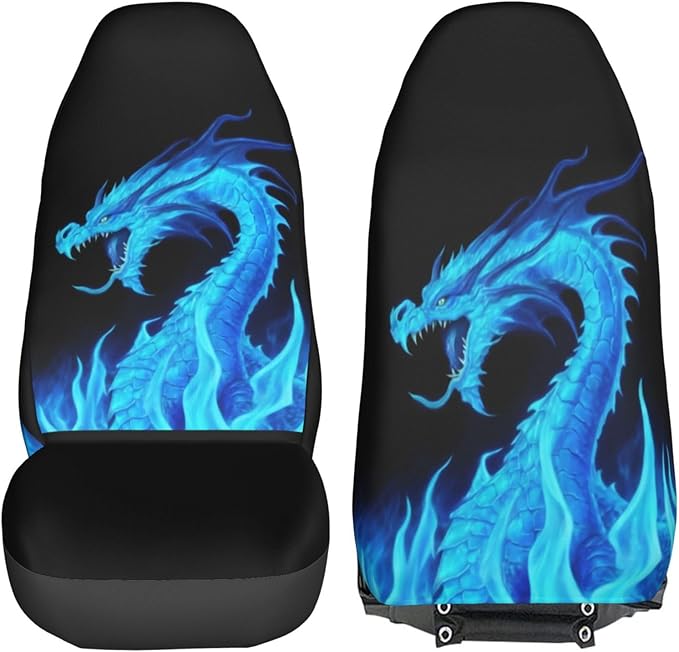 Delerain Car Seat Covers Set 2Pcs, Fire Blue Dragon Universal Front Car Seats Vehicle Enterior Protector Suitable Fits Most Car Auto SUV Sedan Truck