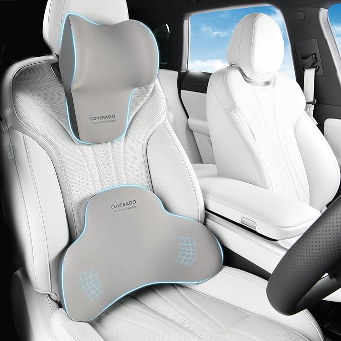 Coverado Lumbar Support and Headrest Pillow for Car, Memory Foam Ergonomic Head Neck Support Pillow for Driving Seat, Back Support and Pain Relief, Seat Cushion for Car, Driver, Office
