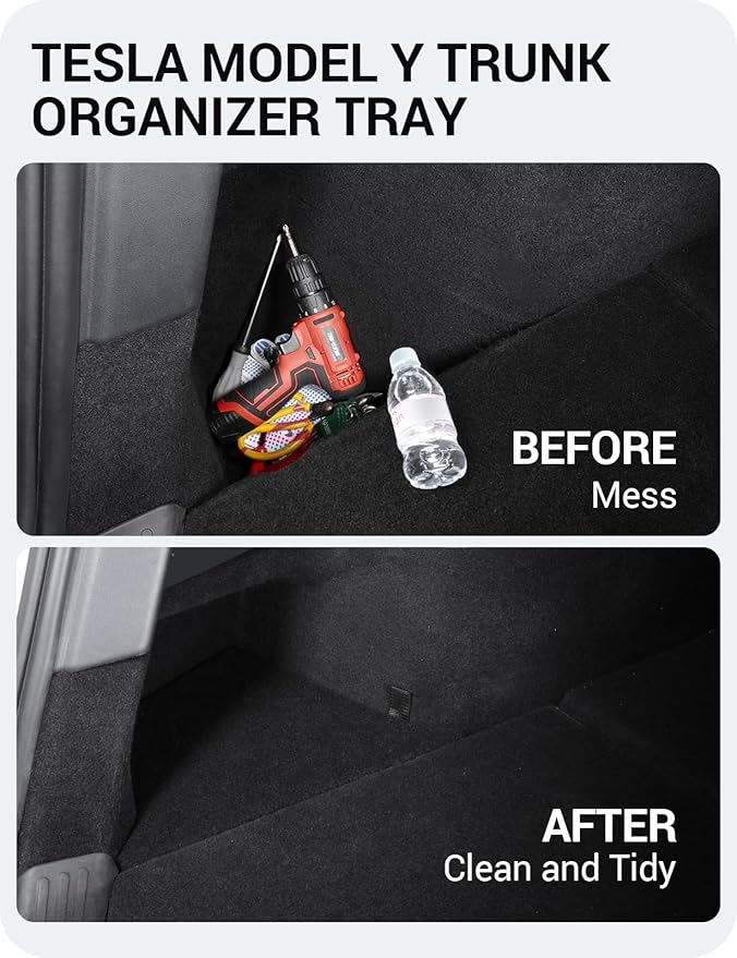BASENOR New Version 2022-2024 Tesla Model Y Trunk Organizer Trunk Storage Bins with Carpeted Lid, Waterproof Rear Side Box Interior Accessories for Model Y 5-Seater