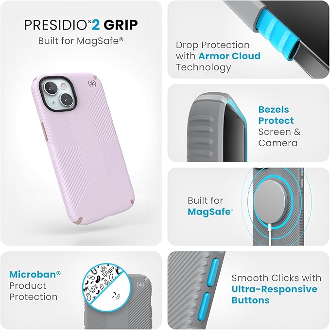 Speck Presidio2 Grip Soft Pink iPhone 15 Case - MagSafe Compatible with iPhone 14 & 13 - Slim 6.1 inch Case
