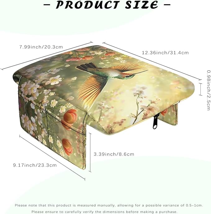Car Center Console Cover with Side Pockets, Hummingbird Floral Soft Auto Armrest Cushion, Memory Foam Arm Rest Protector, Universal Seat Box Cover Car Interior Accessories