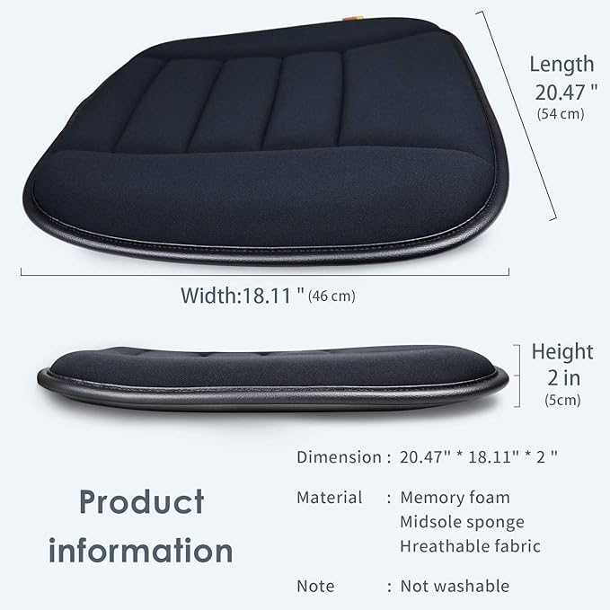 Car Seat Cushion Pad for Driving, Chair Cushion for Office/Truck with Memory Foam, Seat Cushion Comfortable and Durable Black 2" Thick