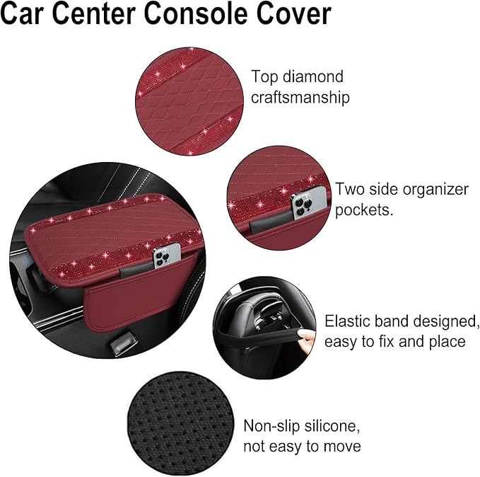 NBTEPEM Bling Burgundy Red Car Center Console Cover, Leather Car Arm Rest Cover with 2 Storage Bags, Universal Auto Armrest Protector Storage Box, Bling Accessories Interior for Most Vehicles