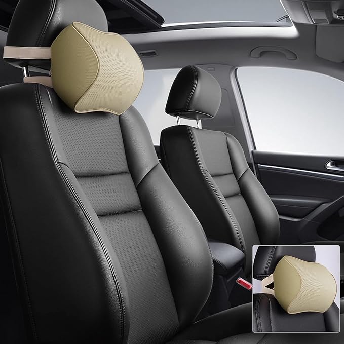 Aukee Car Headrest Pillow Memory Foam Car Neck Pillow Soft Leather Headrest for Driving Home Office Beige (1PC)