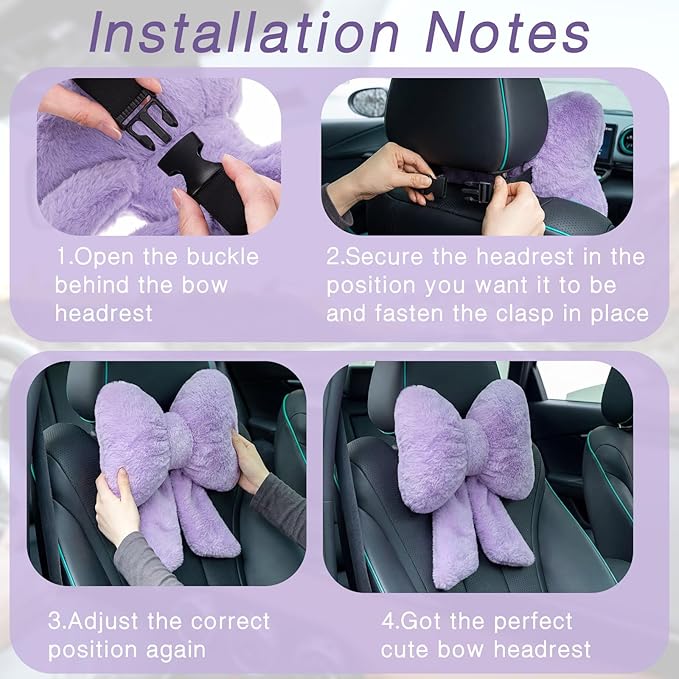 Macarrie 2 Pcs Car Neck Pillow Plush Butterfly Bow Car Headrest Pillow Comfortable Seat Neck Support Cute Head Rest Accessories for Driving Travel Driver Chair Girl Style Interior Decor (Purple)