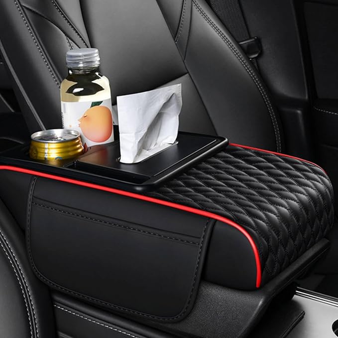 5-in-1 Car Armrest Pad Cushion, Water Ripple Embossed Center Console Booster Pad with Tissue Box, Cup Holder, Storage Bag, Phone Slot, Fit for Most Sedan Vehicles (Water Ripple Series, Black-Red)