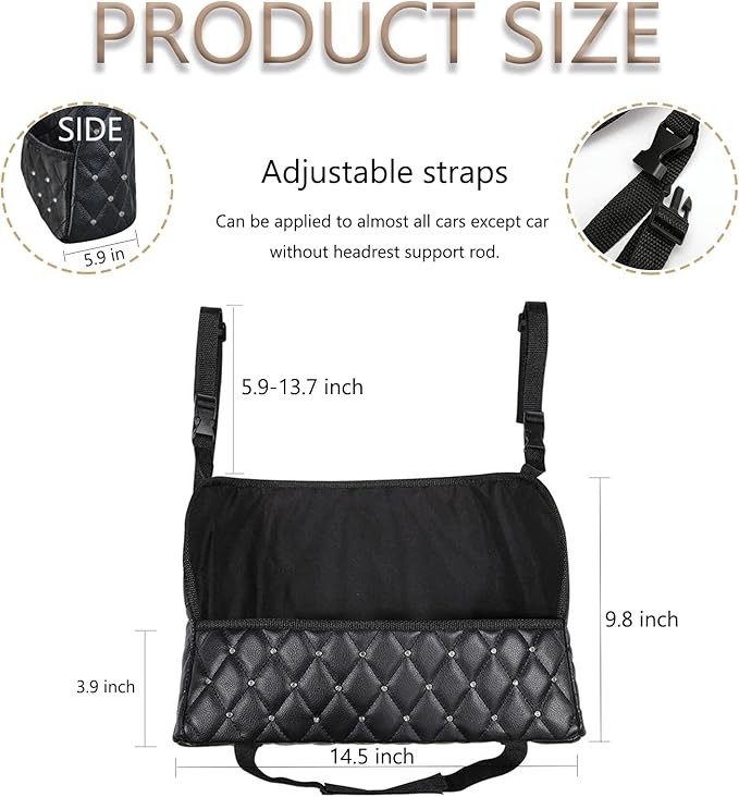 Car Net Pocket Handbag Holder with Diamond Bling Driver Netting Pouch, Handbag Holder Front Seat, Barrier of Backseat Pet Kids Storage & Pocket (Black with Diamond)