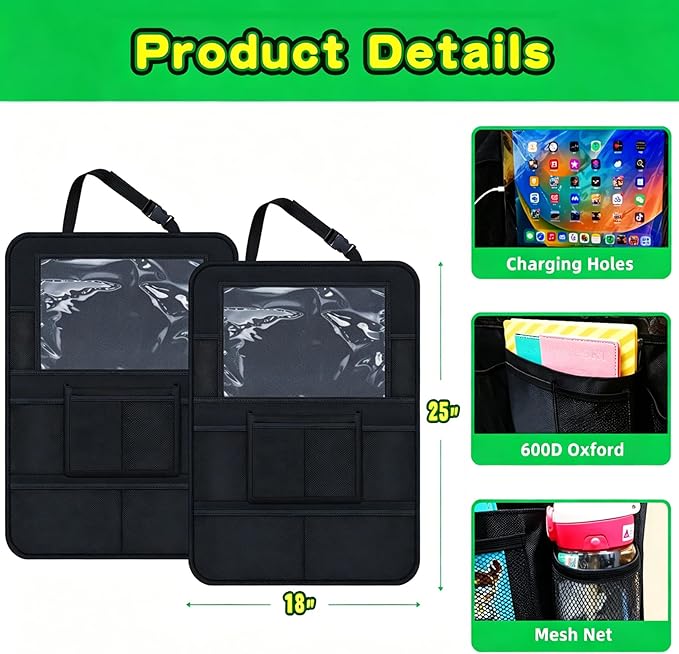 Car Organizer Kick Mats Back Seat Protector, Car Back Seat Organizer with Tablet Holder Pocket for Kids, Travel Accessories with 10 Storage Pockets, 2 Pack