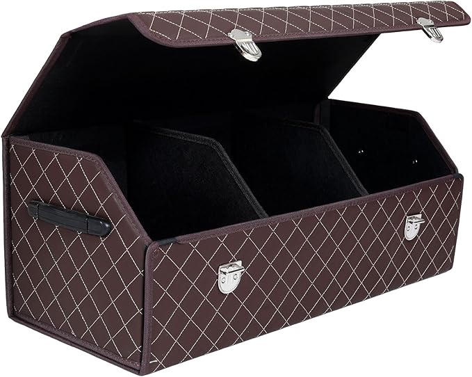 Trunk Organizer with Lid for Car Foldable Storage Box Heavy Duty PU Leather Cargo Organizer for SUV Sedan Waterproof (Brown, Large)