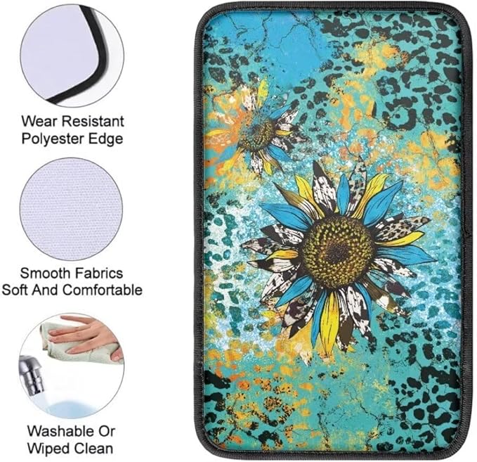 Coldinair Sunflower Auto Car Armrest Cover,Leopard Print Car Center Console Pad,Soft Seat Box Cover Protector Cushion,Car Accessories Decor for Most Cars,Sedan,Truck,SUV