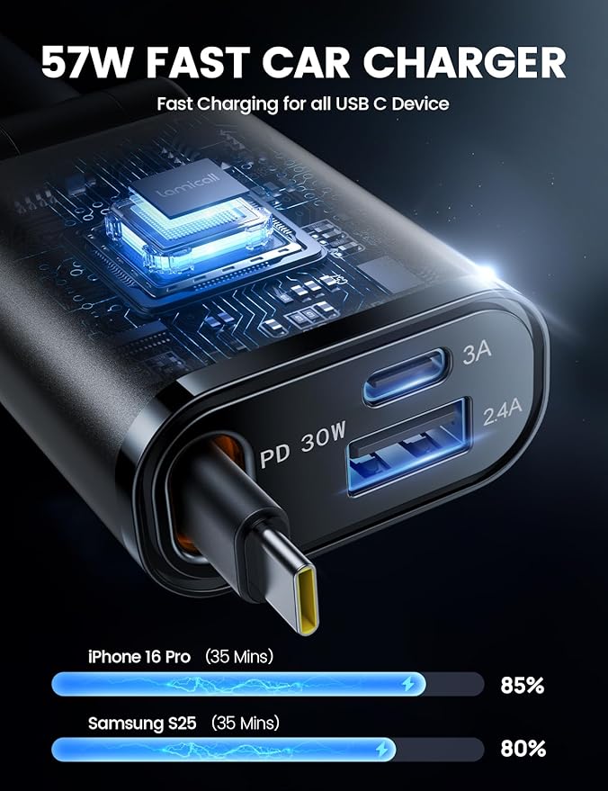 Lamicall Car Charger USB C Compatible with iPhone 17 16 15 Fast Charging [Ultra-Compact, 60% Less Space] 57w Type C Retractable Car Charger Fit Samsung Galaxy S25 S24 Ultra Pixel Android - Black