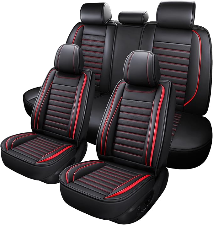 Leather Car Seat Covers Full Set, Universal Faux Leather Car Seat Covers 5 Seats, Automotive Seat Covers for Most Sedans SUVs Trucks, Front and Rear Seat Covers,Wine Red