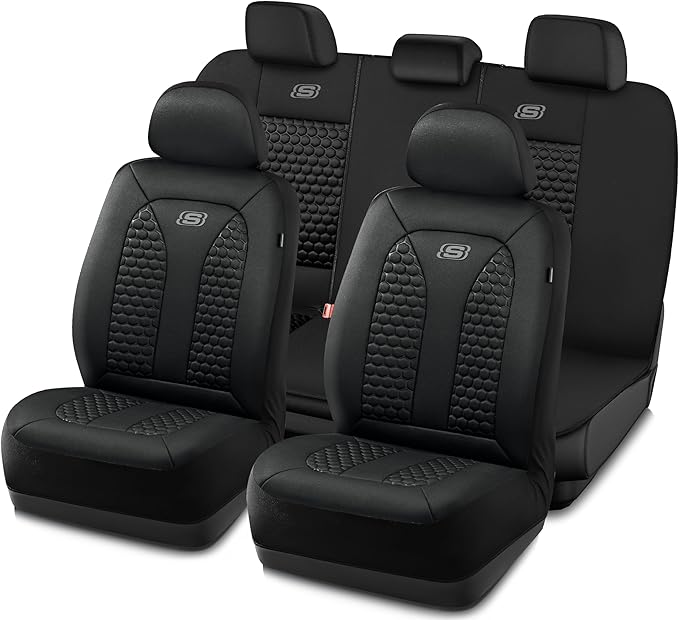 Skechers Memory Foam™ Car Seat Cover Full Sets, Hexcomb Breathable Thick Seat Covers, Airbag Compatible, Automotive Comfort & Protection for Most Cars,Van,Trucks, SUVs (Black,Full Set)