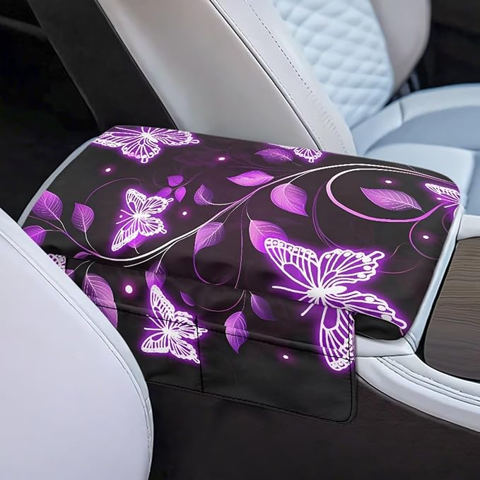 Dreaweet Purple Butterfly Arm Rest Cover for Car Women Thick Center Console Cover Pad with Pockets Universal Anti-Scratch Armrest Cover for Car SUV Sedan Trucks