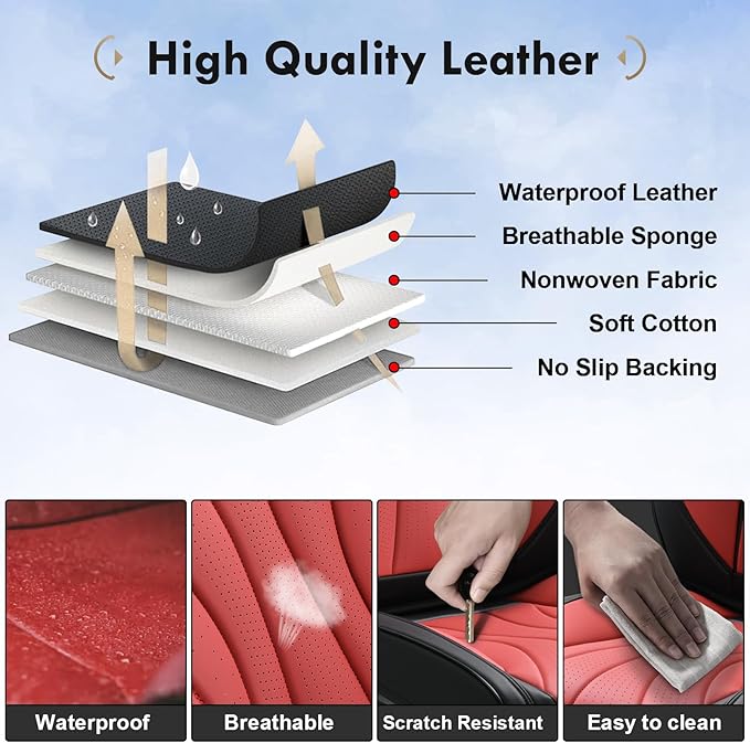 Coverado Car Seat Covers, Front Seat Cover for Cars, 2 Pack Premium Leather Seat Cover, Universal Seat Cover, Waterproof Car Seat Protector, Automotive Seat Cushion Fit for Most Vehicles (Black&Red)