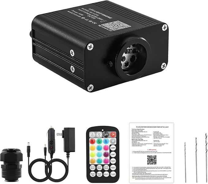 ATOKEE 16W Compact Size Fiber Optic Light Box for Starlight Headliner, Twinkle & Music Mode, Control by Bluetooth App/RF Remote Control, Car Plug & Power Adapter, PG Connector & 3 Drill Bits