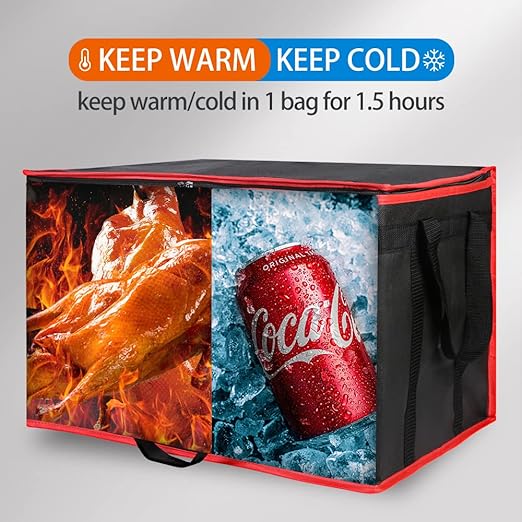 Bodaon Insulated Food Delivery Bag for Hot and Cold Meal, XXX-Large Grocery Tote Insulation Bag for Catering/Drivers, Pizza Warmer, Grocery Bags, Cooler Bag, food warmers for parties (Black-Red, 1Pk)