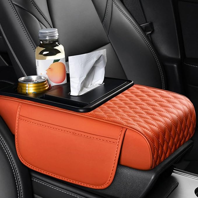 Car Center Console Armrest Pad, Arm Rest Box Cushion with Ergonomic Height Boost, Storage Pockets, Built-in Tissue Box, Cupholder, Fit for Most Sedan Vehicles (Embroidery Water Ripple, Deep Orange)