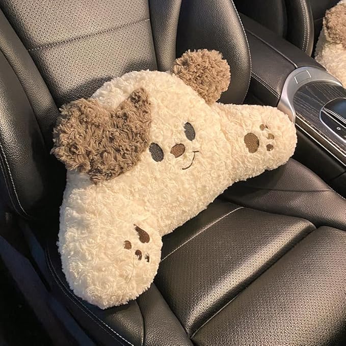 Car Seat Cushions Headrest and Lumbar Support Pillow Set Cute Bear Soft Plush Neck Cushion and Back Support for Long Driving Travel Comfort