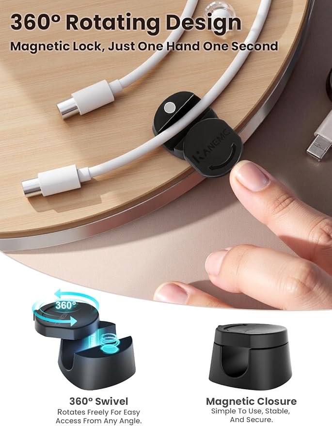 Kanemc Cable Clips Cord Holder for Desk, 360° Spin Magnetic Wire Organizer Self Adhesive Cord Management for Office Desks Cars Home Kitchen Electronic Accessory (Black, 9 PCS)
