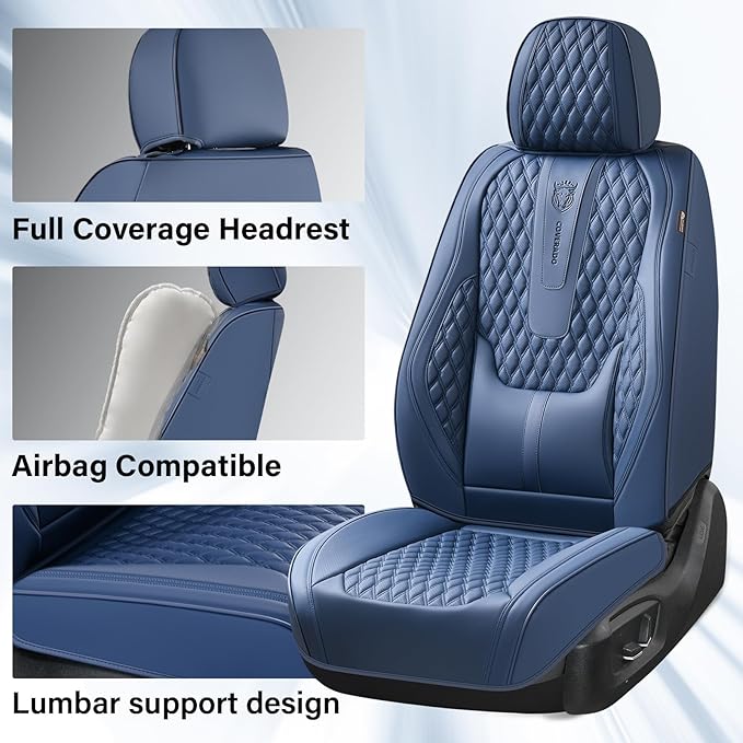 Coverado Front Seat Covers, Car Seat Covers Front Seats, Nappa Leather Seat Covers for Cars, Waterproof Seat Covers with Lumbar Support Universal Fit for Most Cars SUV Trucks (Front, Blue)