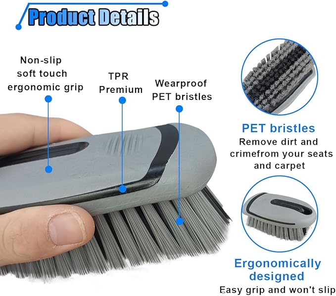 Carpet and Upholstery Cleaning Brush - Stiff Bristle Carpet Scrubber Car Cleaning Brush for Car Interior and Home - Leather Brush Auto Detailing Scrub Brushes for Couch, Floor Mats, Clothes (Grey)