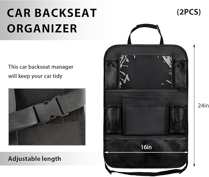 2PCS Car Backseat Organizer, Multi-Pocket Back Seat Protector with 10.2" Tablet Holder, Waterproof Oxford Fabric Storage Bag Auto Kick Mat for Kids Toddlers (A Regular Style)