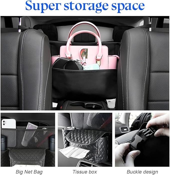 zipelo Car Handbag Holder Between Seats, PU Leather Multi-Pocket Large Capacity Purse Holder, Auto Net Bag Barrier of Backseat Pet Kids, Car Seat Organizers and Storage for Cargo Tissue Cup (Black)