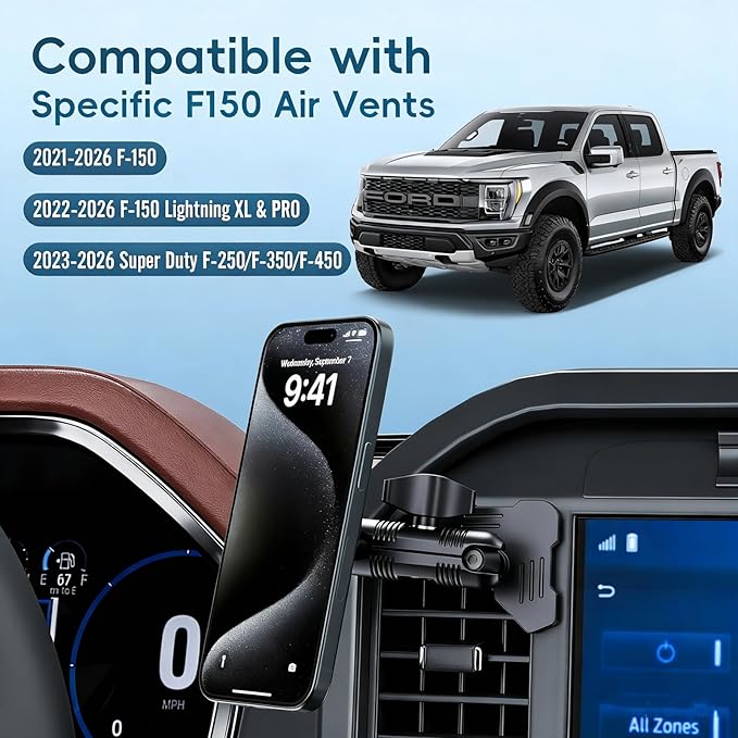 Car Vent Magnetic Phone Mount Compatible with 2021-2026 Ford F-150, 2022-2026 F-150 Lightning XL & PRO,2023-2026 Ford Super Duty, Metal Cell Phone Holder Cradles Bracket Stand for All Smartphones