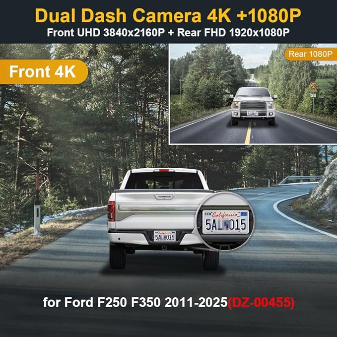 Fitcamx Front 4K+Rear 1080P Dash Cam Adapts for Ford F250 F350 XL XLT 2011-2025 (DZ-00455), Integrated OEM Look, 2 Way HD Video, WiFi & APP, Loop Recording, G-Sensor, Easy to Set, 128GB Card