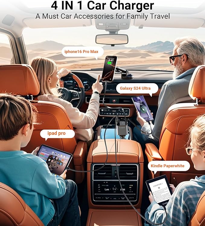 Retractable Car Charger【Fast Charger】 USB C Car Charger 【180°Rotation】 Cigarette Lighter Adapter, 4 in 1Car Charger for iPhone 16 Pro Max 15 14 13 12, for Galaxy S25 S24 S23,Pixel