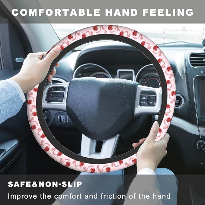 Pink Cherry Steering Wheel Cover, Cute Kawaii Anti-Slip Breathable Car Accessories Interior Elastic Steering Wheel Cover for Women Girly Gifts Fit Auto, SUV Vans Truck Universal 14.5-15 Inch