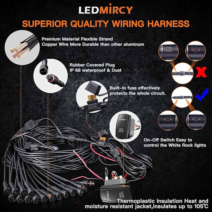 LEDMIRCY R2 Pure White Rock Lights Kit with Rocker Switch Wire Harness 16PCS Rock Lights White for Offroad Trucks ATV UTV SUV Underglow Light Trail Rig Light Under Body High Power Waterproof