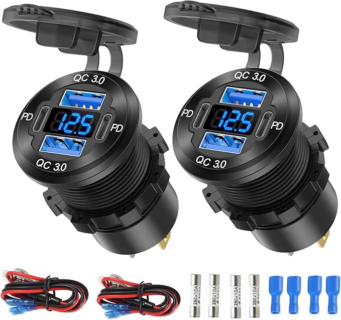 2 Pack 12V USB Outlet 4 Port Car Charger Socket, 78W Dual PD USB C and Dual Quick Charge 3.0 Port Aluminum Charger with Voltmeter DIY Kit Waterproof for Car Boat Marine Motorcycle RV ATV Truck, etc