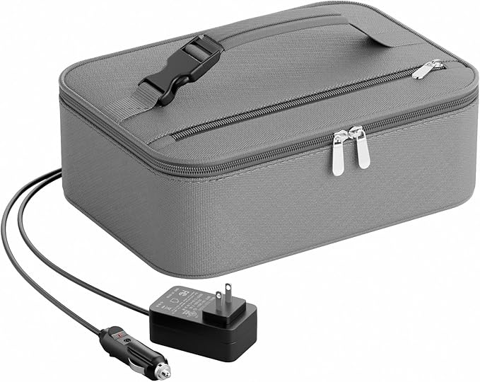 Portable Food Warmer - Heated Lunch Box for Adluts - Electric Thermal Lunch Bag with Buckle Handle, Heating Food Warmer Bags for 12V/24V Car & Truck, 110V/220V Home/Office, Gray
