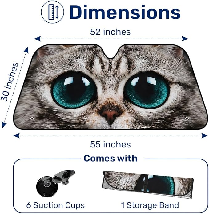 GENANY Eyes Cat Windshield Sun Shade for Car SUV Truck (55x30 Inches), Front Window Visor for Windows, Protector Blocks UV