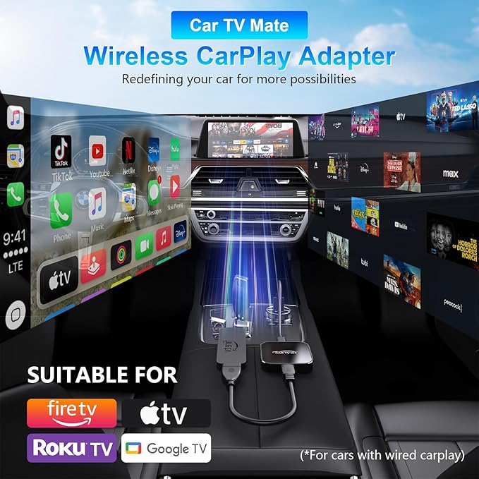 Wireless CarPlay Adapter for Apple, Car TV Mate with HDMI Input for TV Sticks and Game Consoles, Plug and Play, Fit for Cars with Factory Wired CarPlay from 2016 & iOS 10+ iPhone