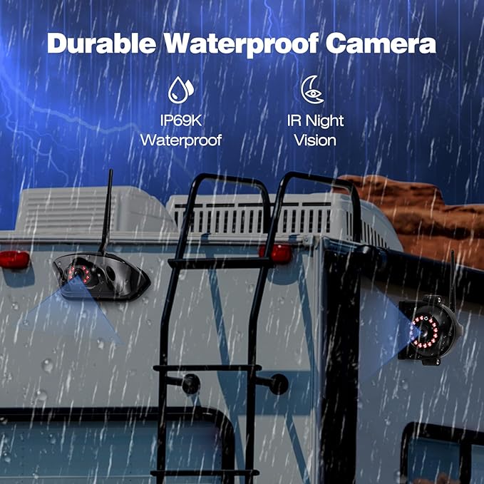 3-Camera Wireless RV Backup System, 7" 1080P Touch Screen with 1 Rear Camera for Furrion Pre-Wired Plug and 2 Side Cameras, IP69 Waterproof, IR Night Vision Camera for RV Trailer, WF703