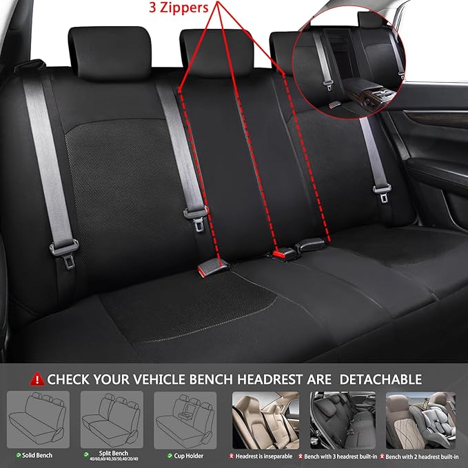 CAR PASS 3D Air Mesh Car Seat Covers Full Set, Breathable Sporty Rear Bench with Zipper for Armrest Box Universal Fit 95% Automotive SUV,Truck,Sedan Interior Cute Women Airbag Compatible, Black Gray
