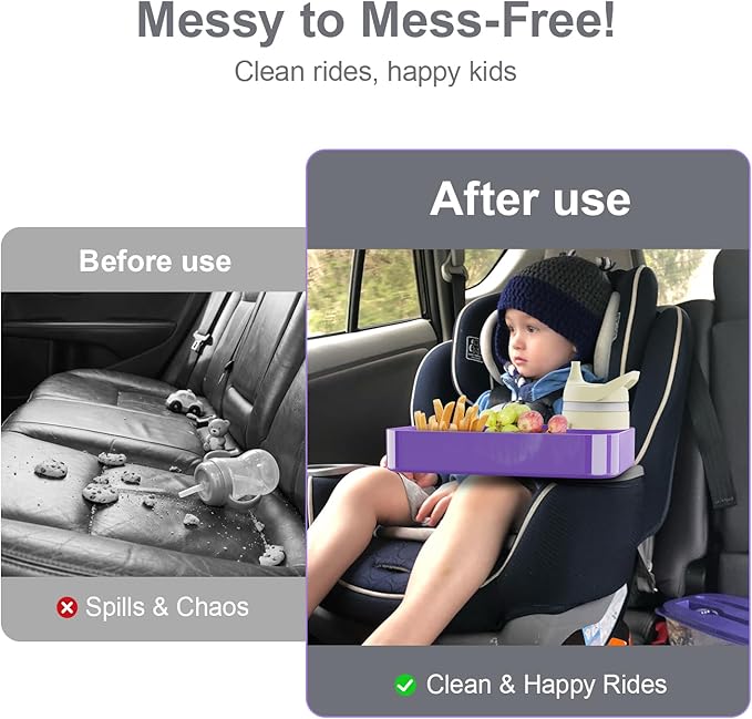 Car Seat Snack Tray for Toddlers - 3 Inch Cup Holder Fits Most Sippy Cups & Straw Bottles with Dip Well, Mess-Free Square Kids Travel Tray Road Trip Essentials, Purple